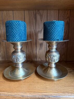 Antique-Style Brass Candle Holders with Teal Honeycomb Candles
